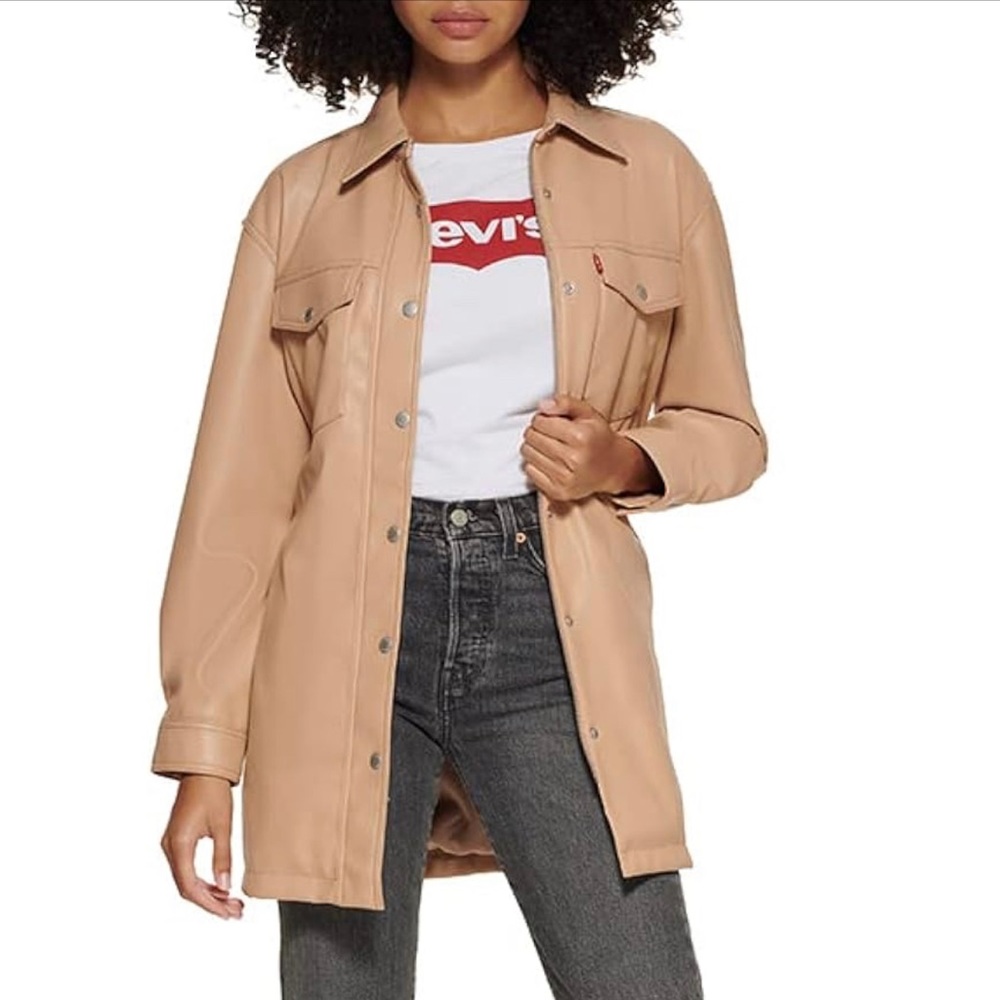 Levi's Women's Faux Leather Belted Shirt Jacket Size Large Color Cream - Picture 2 of 16